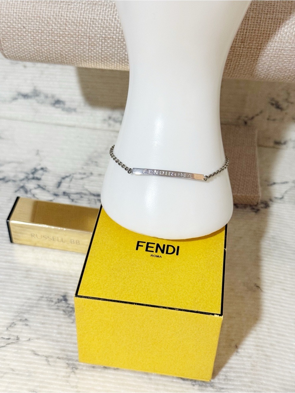 Fendi FENDIROMA Engraved Bar Chain Silver Toned Bracelet